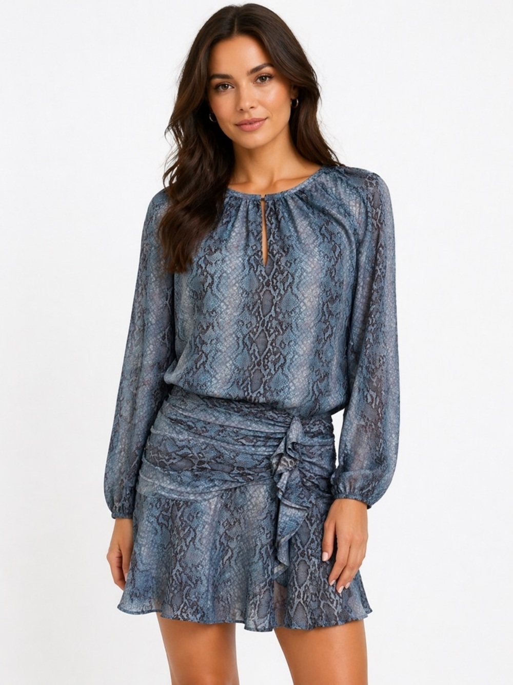 Ramy Brook Silk Snake Print Mini Dress Blue Gray Long Sleeve Ruched Waist - Picture 2 of 16